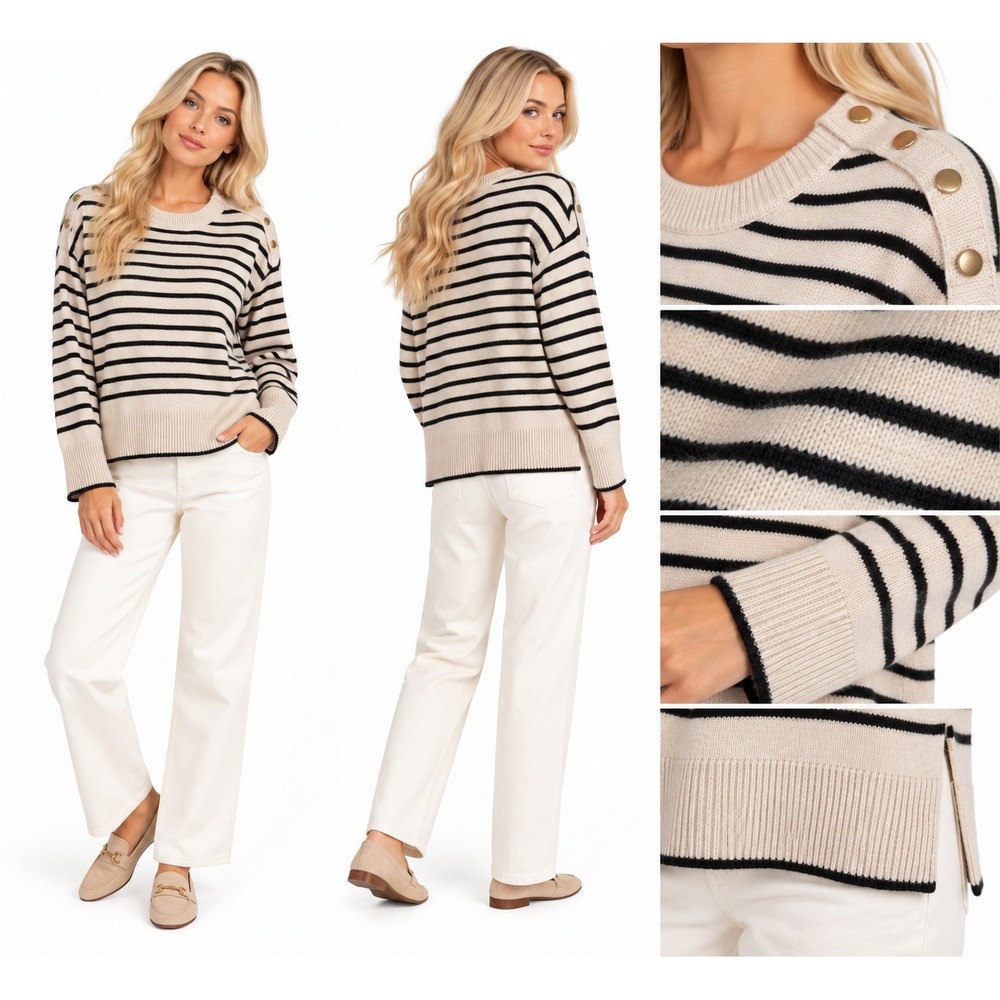 Magaschoni Sweater Womens S Beige Black Stripe Gold Button Shoulder Quiet Luxury